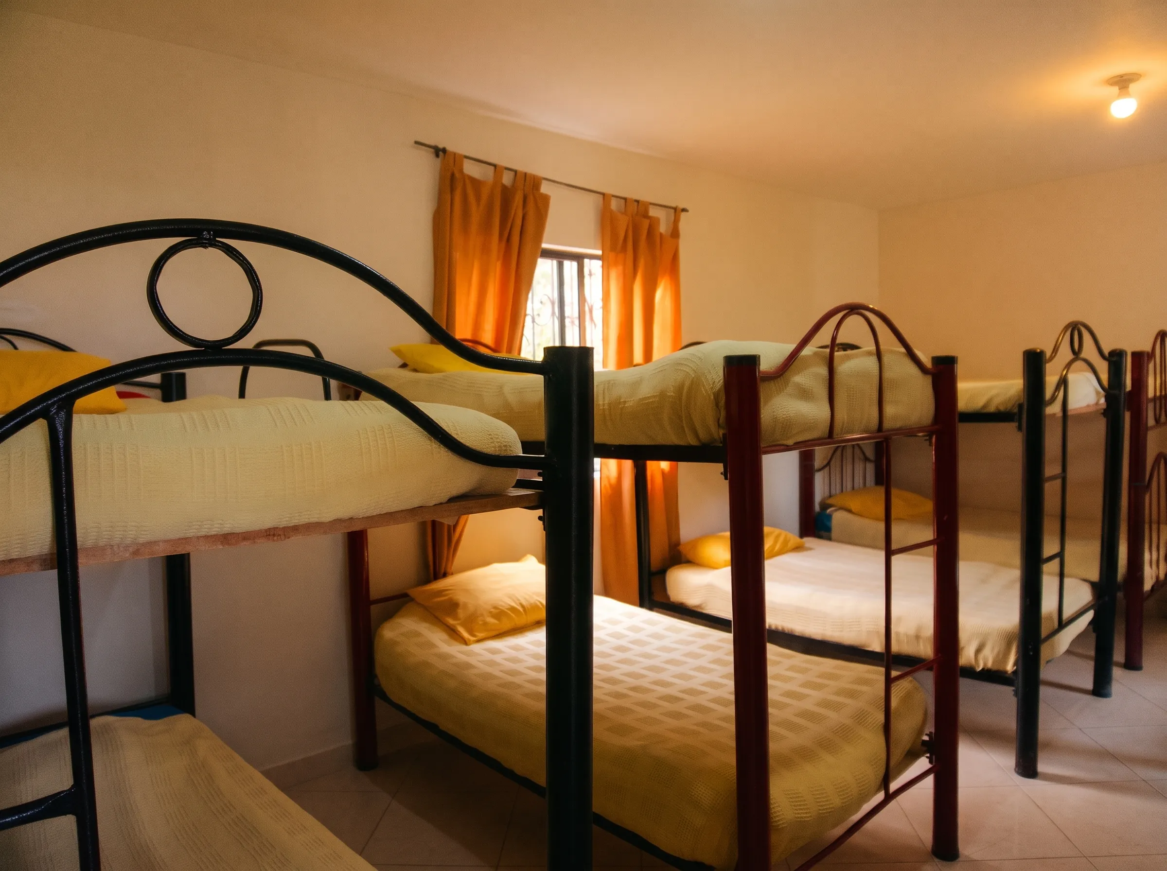 Habitación con literas, cobijas amarillas y cortinas naranjas